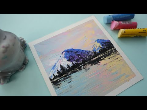 How to draw mountains by the lake - easy soft oil pastel drawing technique