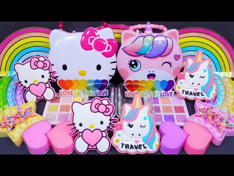 🌈ASMR🌈 Mixing "Kitty VS Unicorn" MakeUp Eyeshadow,Glitter Into Clear Slime satisfying #슬라임 (723)