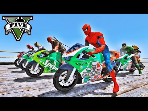 GTA 5 HOMEM ARANHA E VILOES NO DESAFIO DAS SUPER MOTOS NA MEGA RAMPA!