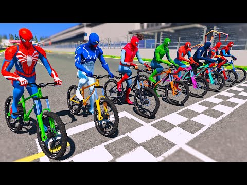 SPIDERMAN Team Bicycles Racing Challenge on Motorcycles Speed Track ! Hulk Goku Motos Racing - GTA 5