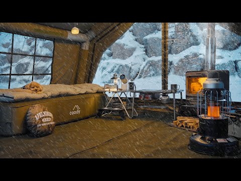 Camping in Heavy Snow with My Dog . Inflatable Hot Tent . Wood Stove ASMR