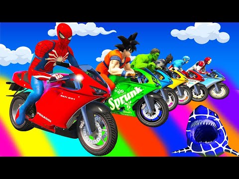 الأبطال الخارقين على القضبان دوامة قمع جسر 🚴‍♂️ SPIDER MAN!on Motorcycle in Spiral Bridge Stunt Rid
