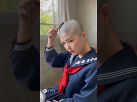坊主女子中学生が自分で剃る。ai動画。self head shave
