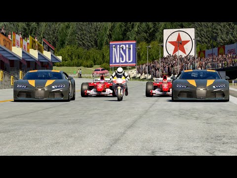 MotoGP Honda RC213V Marc Marquéz vs Bugatti Chiron SS 300+ vs F1 Ferrari F2004 at Old SPA