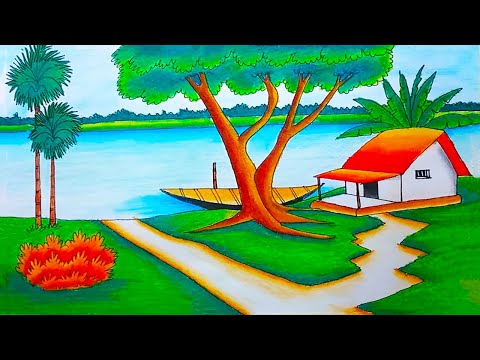 How to draw easy scenery drawing with oil pastel landscape river village scenery drawing easy
