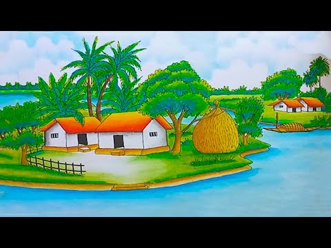 How To Draw Easy Scenery Drawing Tutorial | Beautiful Village Landscape Step by Step