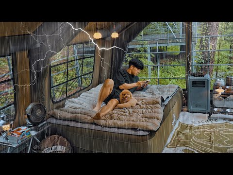 Forest Camping in Rain with My Dog . 2-Room Inflatable Tent . Thunder & Lightening ASMR