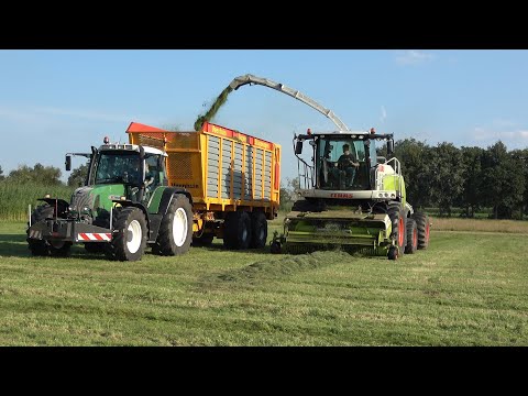 Gras hakselen en inkuilen door loonbedrijf Fa Fokkert met Claas Jaguar, Fendt en Volvo (2024)