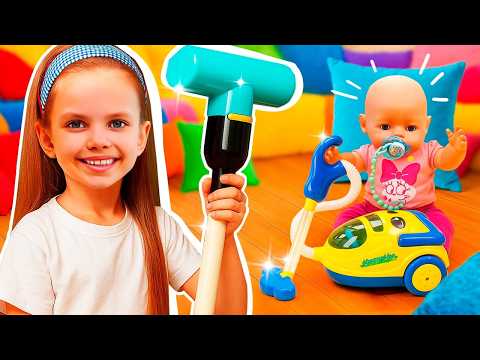 Maya and the doll are cleaning the house to vacuum up all the dust.