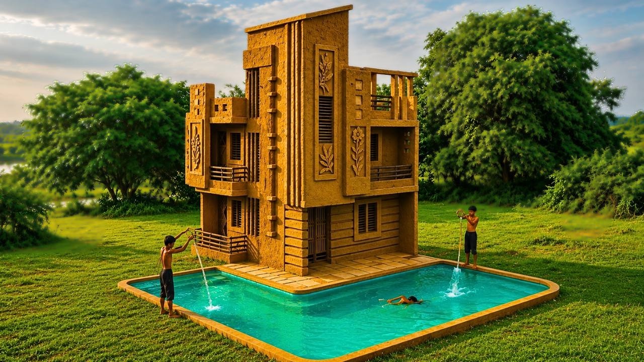 They Built a LUXURY 3-Story Pool Villa From Sticks & Mud | Extreme Primitive Engineering