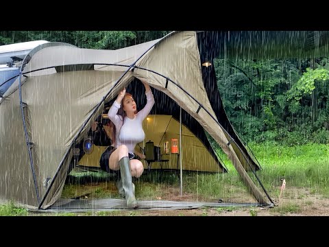 Solo camping soaked in rainstorm Real heavy rain Relaxing deep sleep ASMR