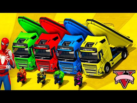 Spiderman & Super Heroes Race In Mega Ramps By Mack Trucks & Sea Bikes Super Cars