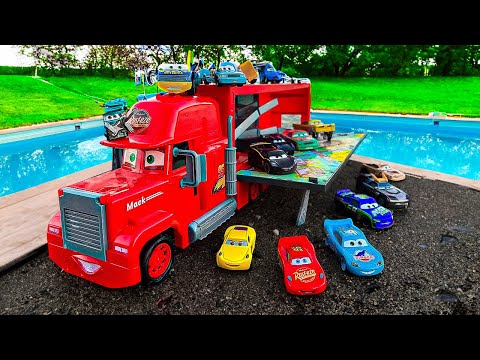 Disney Pixar Cars falling into deep pool, Lightning McQueen, Tow Mater, Mack, Sally, Francesco
