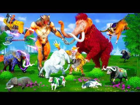 5 Mammoth Elephant Cow vs Zombie Bull vs 5 Giant Tiger Wolf Lion Attack Cow Buffalo Elephant Gorilla