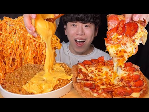 SUB) 체다마요 불닭볶음면 & 페퍼로니 피자 먹방 ASMR 체다치즈 마요네즈 소스를 얹은 꾸덕한 불닭🔥🍕 짭쪼롬한 피자와 꿀조합👍