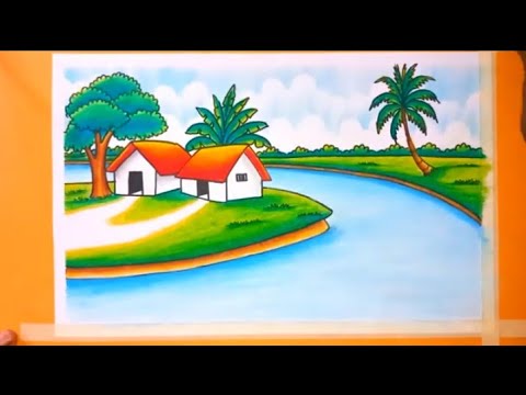 How to Draw Easy Village Scenery Drawing with Oil Pastels | Step-by-Step Tutorial for Beginners