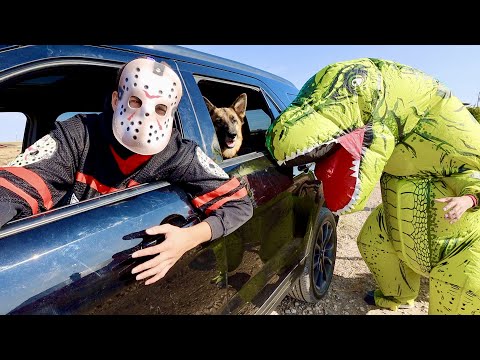 T-rex Surprises Jason & Dog With Car Ride Chase!