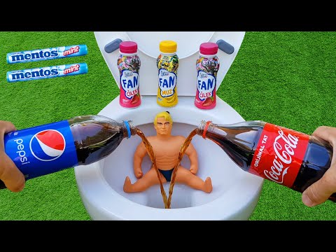 Experiment !! Stretch Armstrong VS Milk Cola, Pepsi and Mentos in Toilet