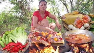 Yummy! Chicken spicy grill on the rock, Duck curry hot chili tasty, Survival cooking and eating