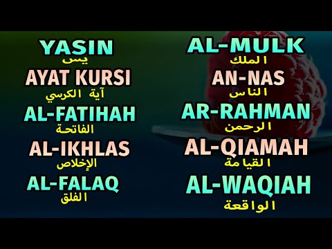 SURAH YASIN, AL FATIHAH, AL IKHLAS, AYATUL KURSI, AL FALAQ, AL MULK, AN NAS, AR RAHMAN, AL QIAMAH