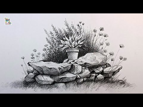 How to draw bushes and Plants and Small Rock stones fence with pencil