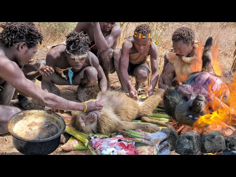 Thrilling Male Baboon Hunt & Cooking In The Wild With Hadzabe tribe Bush People || Hunters🍖🔥