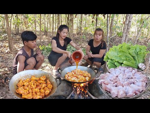 Yummy! Chicken wing salad cooking tasty, Eating delicious in forest