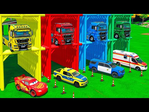 VOLSKWAGEN GMC POLICE CARS MCQUEEN MERCEDES AMBULANCE TRANSPORTING! FS22