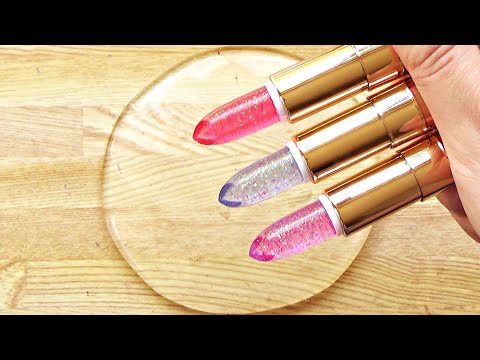 Satisfying Slime Coloring with Makeup! Mixing 3 Glitter Lipsticks into Clear Slime!