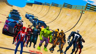 Spiderman and Super Heroes fast start on the ramp Challenge racing GTA V!Халк Человек паук и Героии!