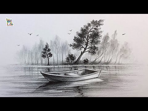 How to draw Boat and Trees in Scenery Landscape Art by Pencil