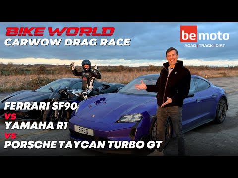 Yamaha R1 vs Porsche Taycan Turbo GT & Ferrari SF90 | Carwow Drag Race