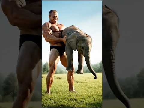 bodybuilder gently lifting a baby elephant