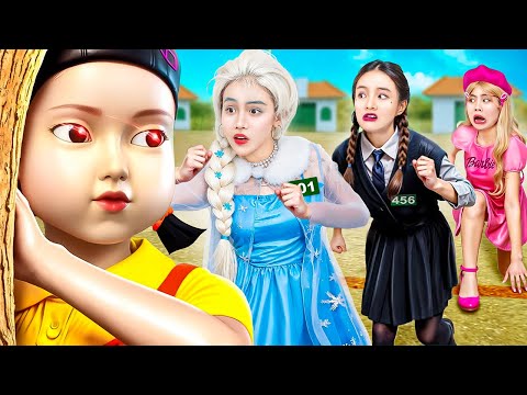 Công Chúa Disney Elsa Vs Barbie Doll Vs Wednesday Addams Vs Squid Game Doll Tại Trò Chơi Con Mực