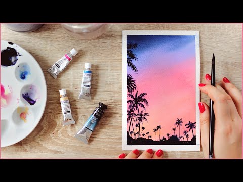 Watercolor Painting Ideas for Beginners - How to Paint a Cotton Candy Sunset with Palm Trees
