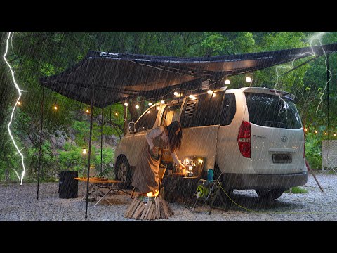 ☔️ 요란한 천둥번개와 기습 폭우가 내리는 계곡 캠핑 / 샐러드파스타, 광어묵은지김밥 / 스타렉스 캠핑카