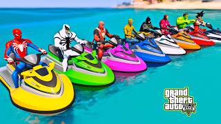 SUPERHEROES TEAM JET SKI WATER RACING CHALLENGE on BEACH MEGA RAMP,SPIDERMAN MOTORBIKES RACING-GTA 5