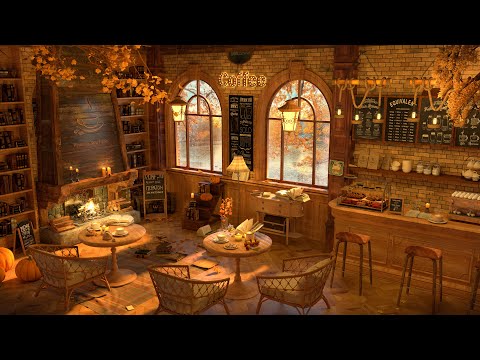 Autumn Fall Coffee Shop 4K with Instrumental Smooth Piano Jazz Playlist to Relax, Study, Work