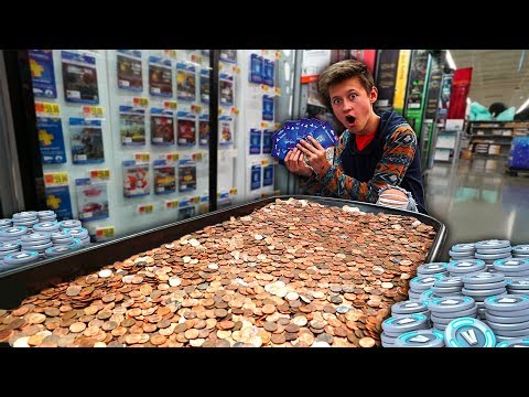 MY LITTLE BROTHER BUYS 100,000 VBUCKS ONLY USING PENNIES...
