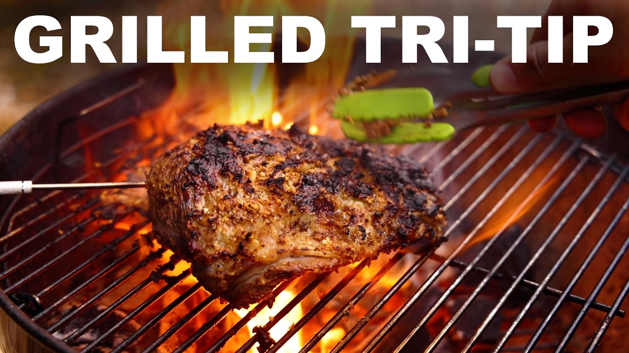 Mustard-rubbed beef tri-tip with grilled leaks