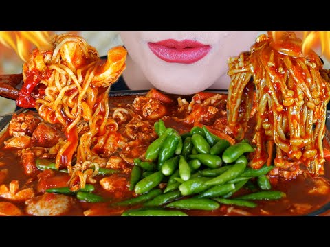 ASMR SEBLAK PEDAS JAMUR ENOKI  TOPPING LENGKAP INDOMIE, UDANG DAN OLAHAN IKAN | EATING SOUNDS