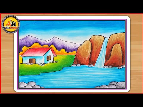 Nature Scenery 😍😍 Waterfall Scenery Drawing For Drawing Competition 🎖🏆Oil Pastels 💖💖 Tutorial