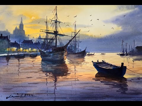 Mastering Watercolor: Painting a Serene Harbor Scene at Sunest