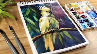 Watercolor Painting of Beautiful Tree Leaves and Bird