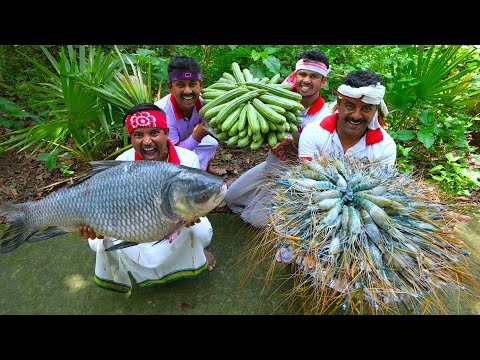 Big size Golda Prawn malai curry & Sorshe Katla fish recipe cooking for village people