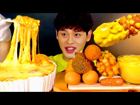 ASMR 🧀 x 3 엽기로제떡볶이 바삭한 명랑핫도그 치즈소스 찍먹방~!! Cheese Rose Tteokbokki With Crispy Corn Dog MuKBang~!!