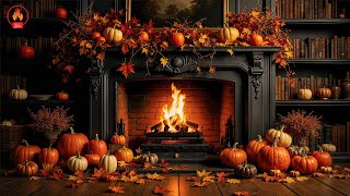 AUTUMN COZY FIREPLACE AMBIENCE 🔥 PUMPKINS - FALLING LEAVES - CRACKLING FIRE - THANKSGIVING ASMR