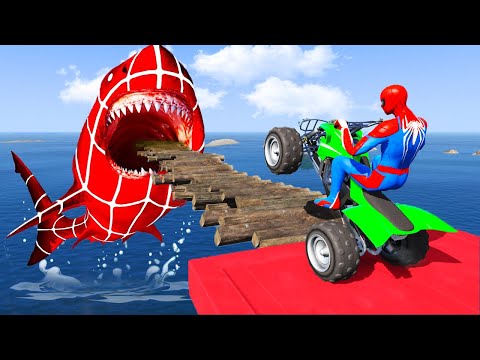 GTA 5 Crazy Ragdolls | Spiderman by Quad Bike On Rainbow Spiders Bridge (Spider Shark Jumps)