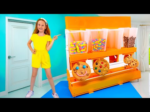 Nastya and Dad play with candy and a fruit dispenser machine