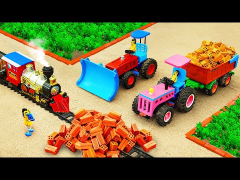 Top diy tractor mini Bulldozer repairing Train Tracks | Tractor transporting full load mini Bricks